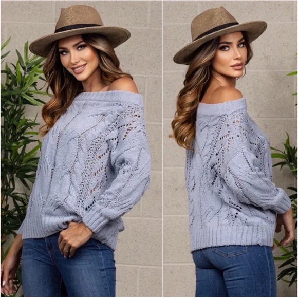 1 LEFT! Powder Blue Women's Fall Cute Trendy Must Have Off Shoulder Sweater - Picture 2 of 2